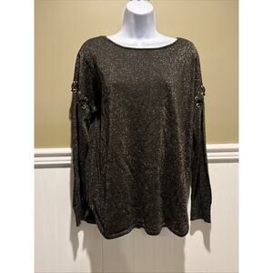 Michael Kors Womens Black Gold Metallic Lace-Up Sleeve Pullover Sweater M